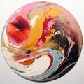 An abstract painting of a red, yellow, black and white swirl Fluid art, circular liquid acrylic or resin art. Royalty Free Stock Photo