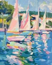 Abstract painting of sailboats with pink and white sails docked at a marina. Creating a serene and colorful scene