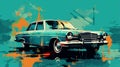 Retro Filter Style: Highly Detailed Car Illustrations On Turquoise Background
