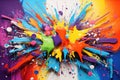 An abstract painting showcasing vibrant multicolored paint splattered on a clean white background, Splatters of vibrant colours Royalty Free Stock Photo