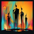 Abstract Painting Of Silhouette Group In Neon Art Nouveau Style