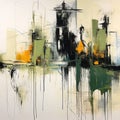 Abstract Painting With Skyscrapers: Vibrant Urban Environment In Light Green And Dark Amber