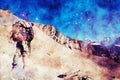 Abstract painting of solo trekker on mountain, digital watercolor illustration, art for background