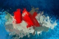 Abstract painting in the style of modern art - Red flower in blue water. Royalty Free Stock Photo