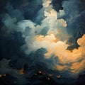 Navy Rococo Seascape Abstract Painting With Clouds In The Night Sky
