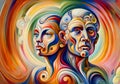 abstract painting of two people with different colors, square facial structure, highly detailed character design, parallelism,