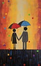 Abstract Painting Of Two People Holding Umbrellas In The Rain