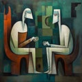 Abstract painting of two people seated in front of each other. AI-generated.