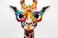 Abstract painting with vibrant colors. Cartoon giraffe with sunglasses on white background. AI generated