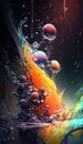 an abstract painting of water and fruit with bubbles and drops.