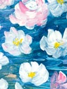 Abstract painting white flowers on blue, original hand drawn, impressionism style, color texture, brush strokes of paint, art