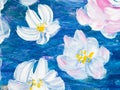 Abstract painting white flowers on blue, original hand drawn, impressionism style, color texture, brush strokes of paint, art