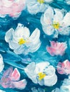 Abstract painting white flowers on blue, original hand drawn, impressionism style, color texture, brush strokes of paint, art Royalty Free Stock Photo