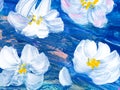 Abstract painting white flowers on blue, original hand drawn, impressionism style, color texture, brushstrokes of paint, art