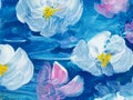 Abstract painting white and pink flowers on blue, original hand drawn, impressionism style, color texture, brush strokes of paint