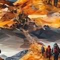 Abstract paintings depicting people ascending a mountain in various styles (tiled