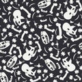 Abstract paleontologic seamless background pattern with dinosaurs skulls and bones, tyrannosaurus and triceratops