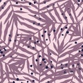 Abstract palm leaf seamless pattern on pink background. Exotic tropical fern leaves endless backfrop. Jungle foliage Royalty Free Stock Photo