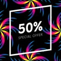 Abstract palm leafs with spectrum gradient. Fifty percent off. Special offer. Summer sale banner. Black frame. Dark style. Vector Royalty Free Stock Photo