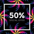 Abstract palm leafs with spectrum gradient. Fifty percent off. Special offer. Summer sale banner. Black frame. Dark style. Vector Royalty Free Stock Photo