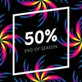 Abstract palm leafs with spectrum gradient. Fifty percent off. Special offer. Summer sale banner. End of season. Black frame. Dark Royalty Free Stock Photo