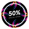 Abstract palm leafs with spectrum gradient. Sticker. Fifty percent off. Special offer. Summer sale banner. Black frame. Dark style