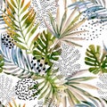 Abstract palm, monstera leaf seamless pattern.