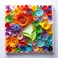 Abstract panel made of colored paper scrolled into curls and rolls. Quilling banner on a white background with copy space.