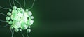 Abstract panoramic image of green microbe or neurons on dark background with mock up place. Medicine and biology concept. 3D