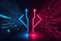 Abstract panoramic red blue pink neon background with arrows showing right direction, glowing in the dark. Generative AI illustrat Royalty Free Stock Photo