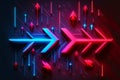 Abstract panoramic red blue pink neon background with arrows showing right direction, glowing in the dark. Generative AI illustrat Royalty Free Stock Photo