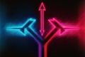 Abstract panoramic red blue pink neon background with arrows showing right direction, glowing in the dark. Generative AI illustrat Royalty Free Stock Photo