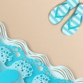 Abstract paper art sea or ocean water waves and beach and slippers Royalty Free Stock Photo