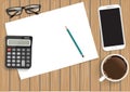 Abstract paper for background on wood. With metal pencil, coffee cup and mobile smartphone. Vector illustration