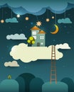 Abstract paper cut,fantasy home sweet home ,moon with stars-cloud and sky at night .Blank cloud for your text design