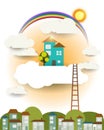 Abstract paper cut-fantasy home sweet home ,sun,rainbow with cloud and sky