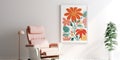 Abstract paper cut floral poster on the white wall and recliner chair. Interior design of modern living room Royalty Free Stock Photo