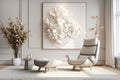 Abstract paper cut floral poster on the white wall and recliner chair. Interior design of modern living room. Created with