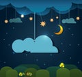 Abstract paper-moon with stars-cloud and sky at night. Blank cloud design element with place for your text