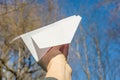 Abstract paper plane in hand, blue sky, spring trees sun background