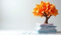 Abstract paper tree grows from large document stack. Bright orange crumpled leaves emerge from brown trunk on white, blue file Royalty Free Stock Photo