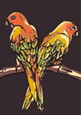 Abstract parrots, stylized animal. Motley multicolored birds in graphically style sitting on a branch, isolated on a