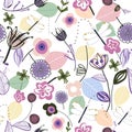 Abstract pastel doodle flowers and dragonfly seamless pattern