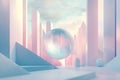 Abstract pastel scene with geometric shapes and floating sphere