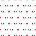 Abstract pattern with closed eyes and red hearts.