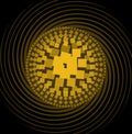 Abstract pattern composed of yellow squares, circle shape on swirl beams, black background