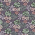 Abstract pattern in dark pastel tones. Purple background and green, blue and pink spirals Royalty Free Stock Photo