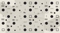 Abstract pattern featuring black circles, squares, and various line formations on a light gray background Royalty Free Stock Photo