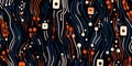 Abstract pattern with flowing blue and orange lines and dots on black background Royalty Free Stock Photo