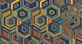 Abstract pattern featuring interlocking hexagons with concentric lines in diverse Royalty Free Stock Photo